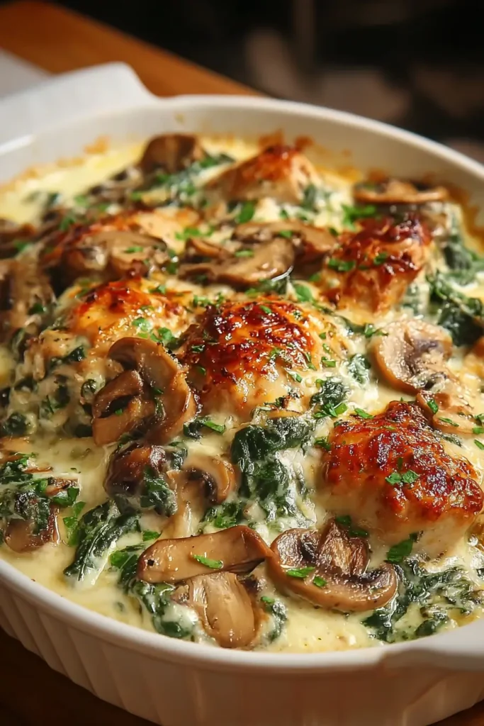 Creamy Cheesy Low Carb Chicken Spinach Mushroom Bake Recipe
