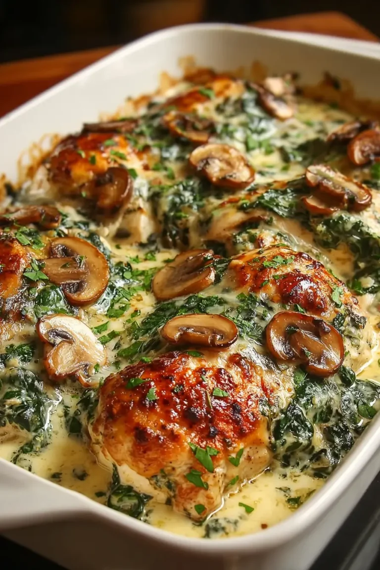 Creamy Cheesy Low Carb Chicken Spinach Mushroom Bake Recipe