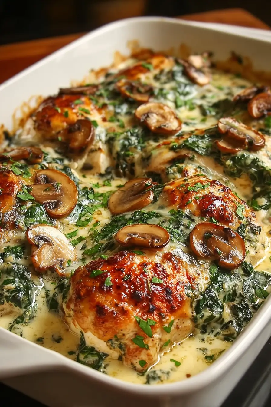 Creamy Cheesy Low Carb Chicken Spinach Mushroom Bake Recipe