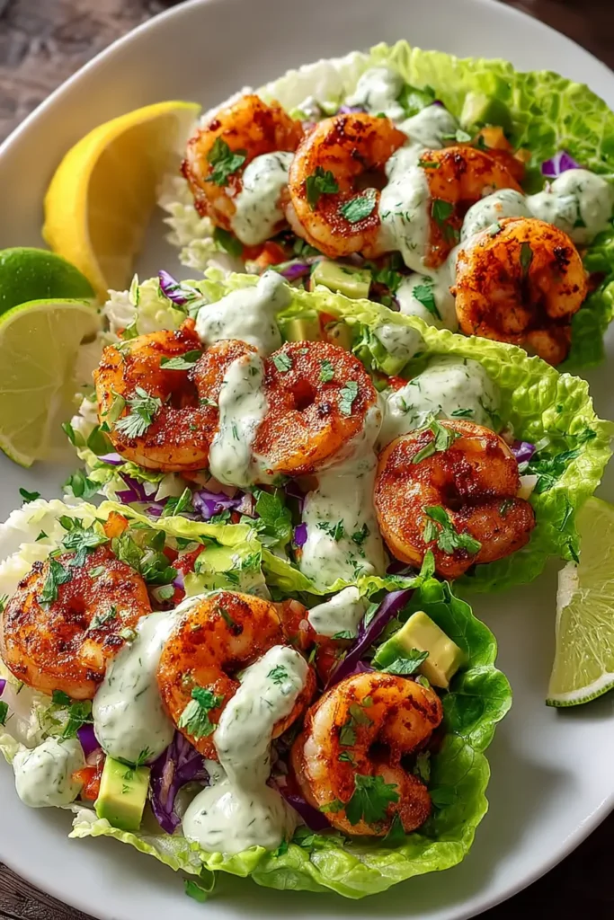Healthy Shrimp Taco Lettuce Wraps with Creamy Sauce Recipe